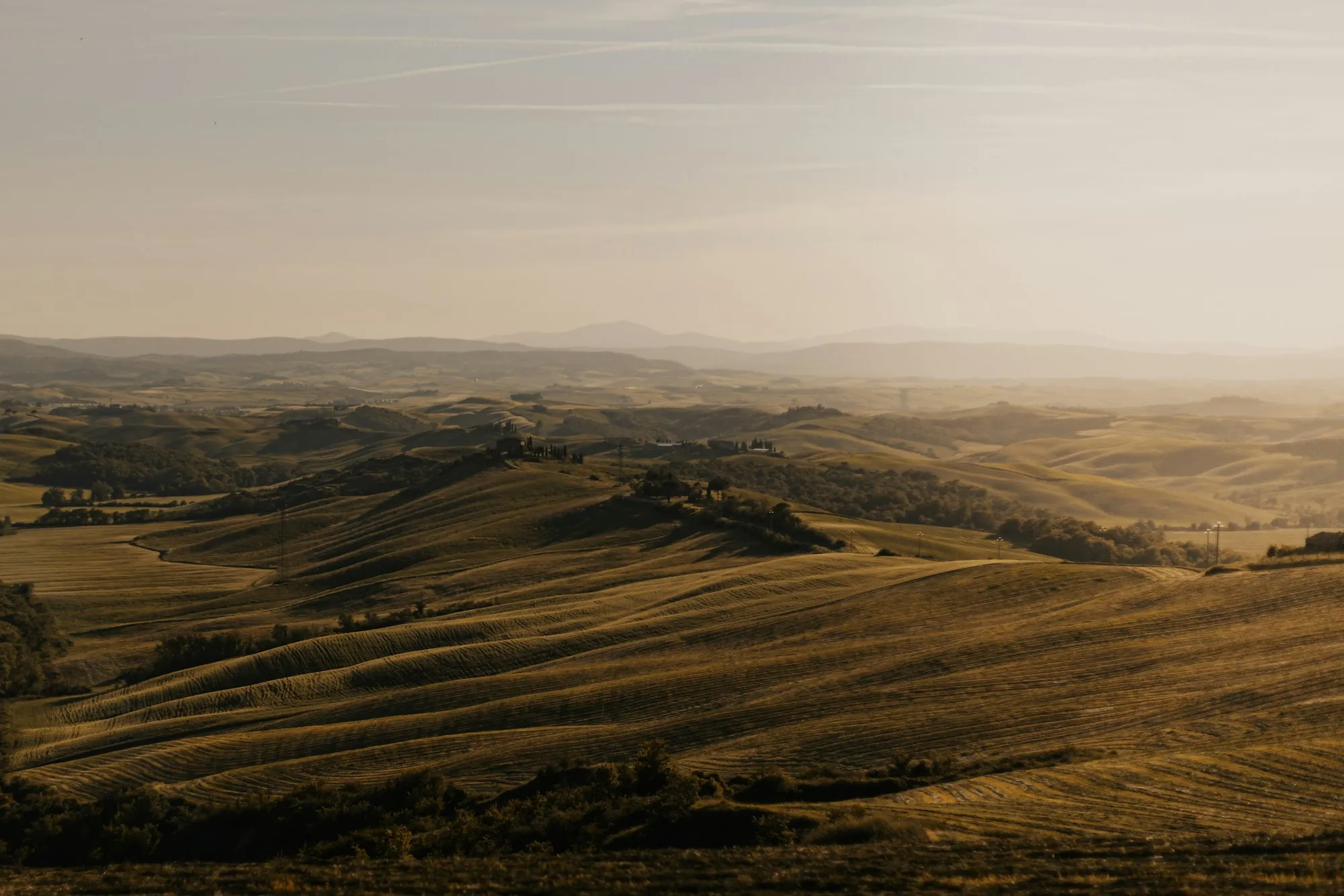 Hazy rolling farmland hills in warm light