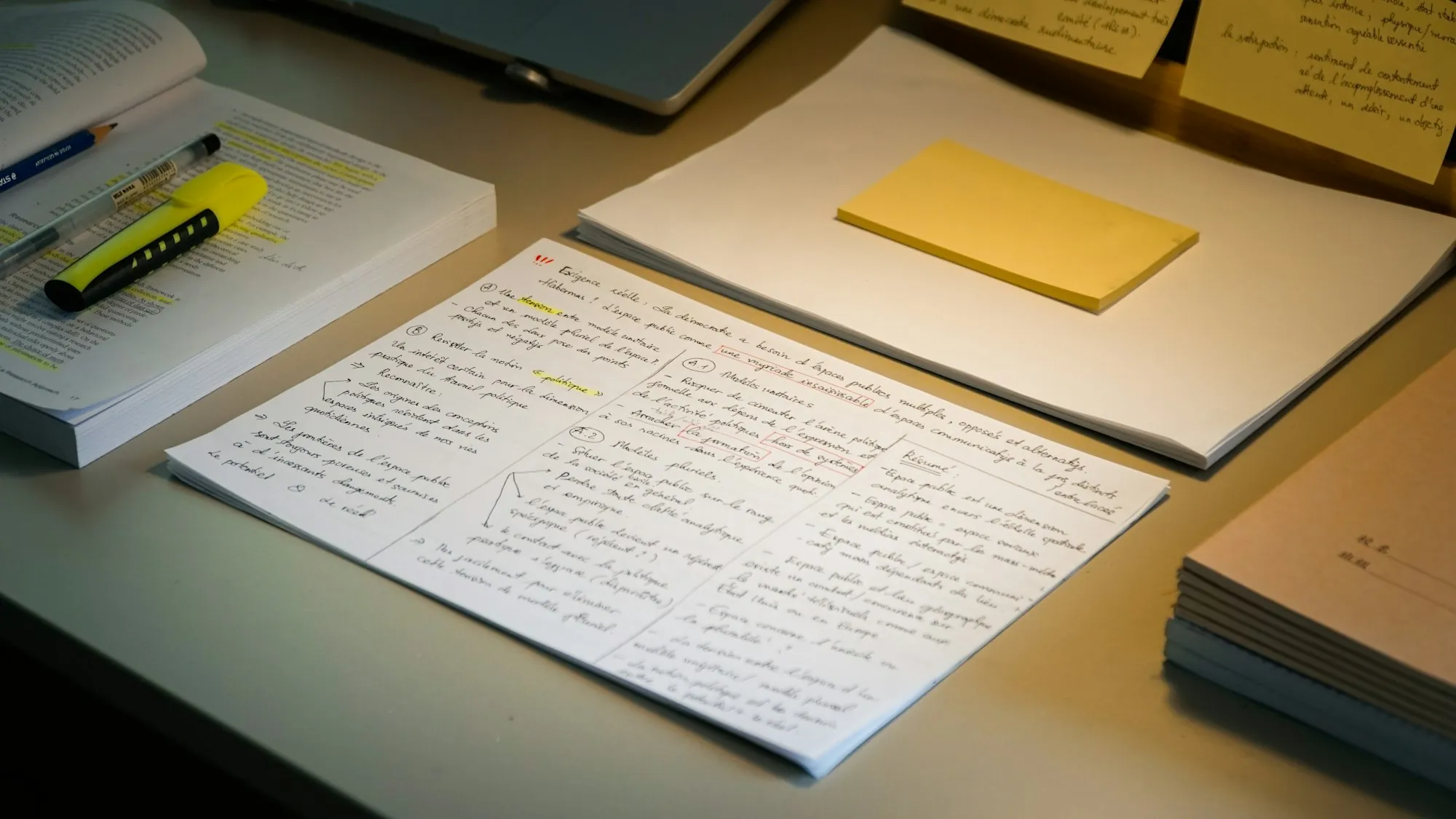 Handwritten notes and sticky notes on a desk